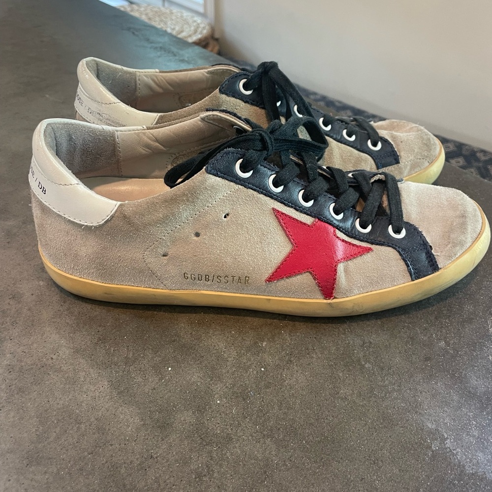 Golden Goose Beige Suede Sneakers with Red Star